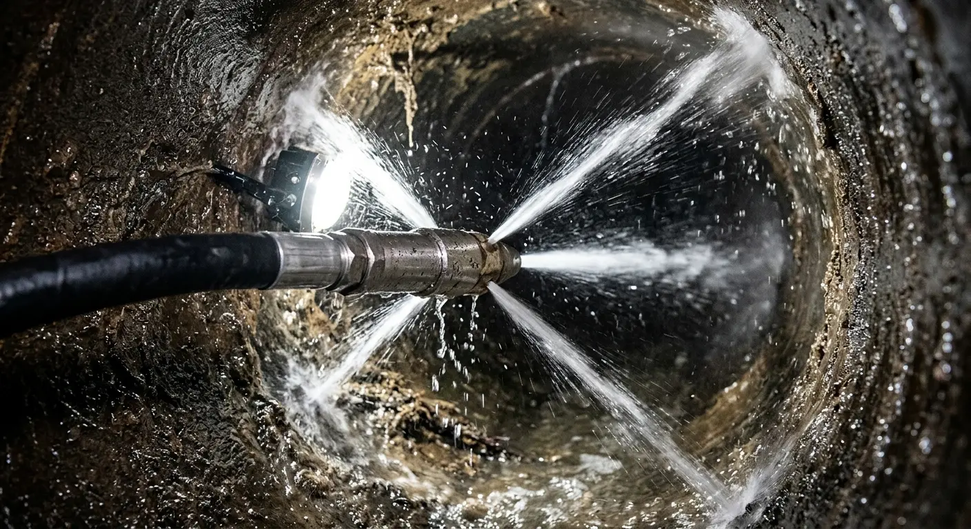High-pressure hydro jetting nozzle cleaning sewer pipe for Trenchless Sewer Repair in Montgomery