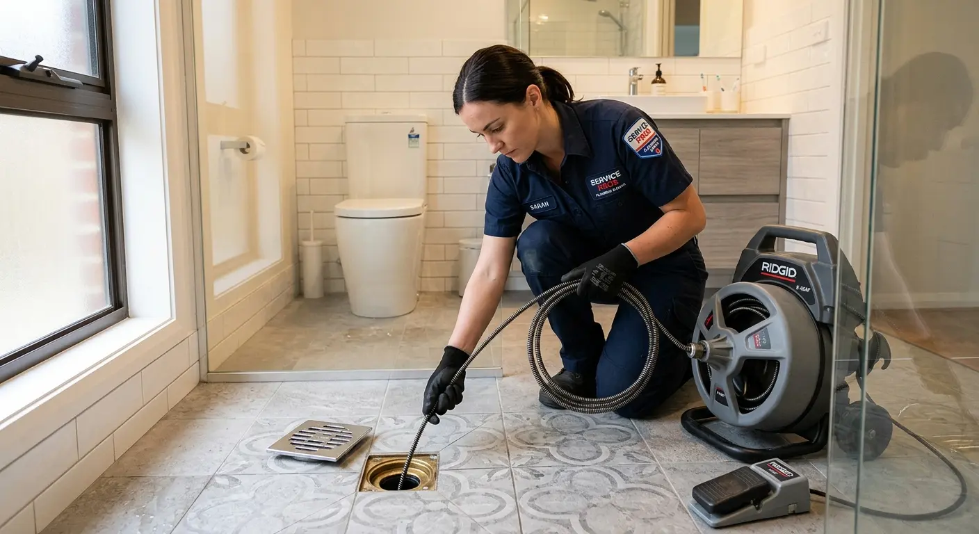 Technician clearing a bathroom floor drain for Sewer Line Installation in Montgomery
